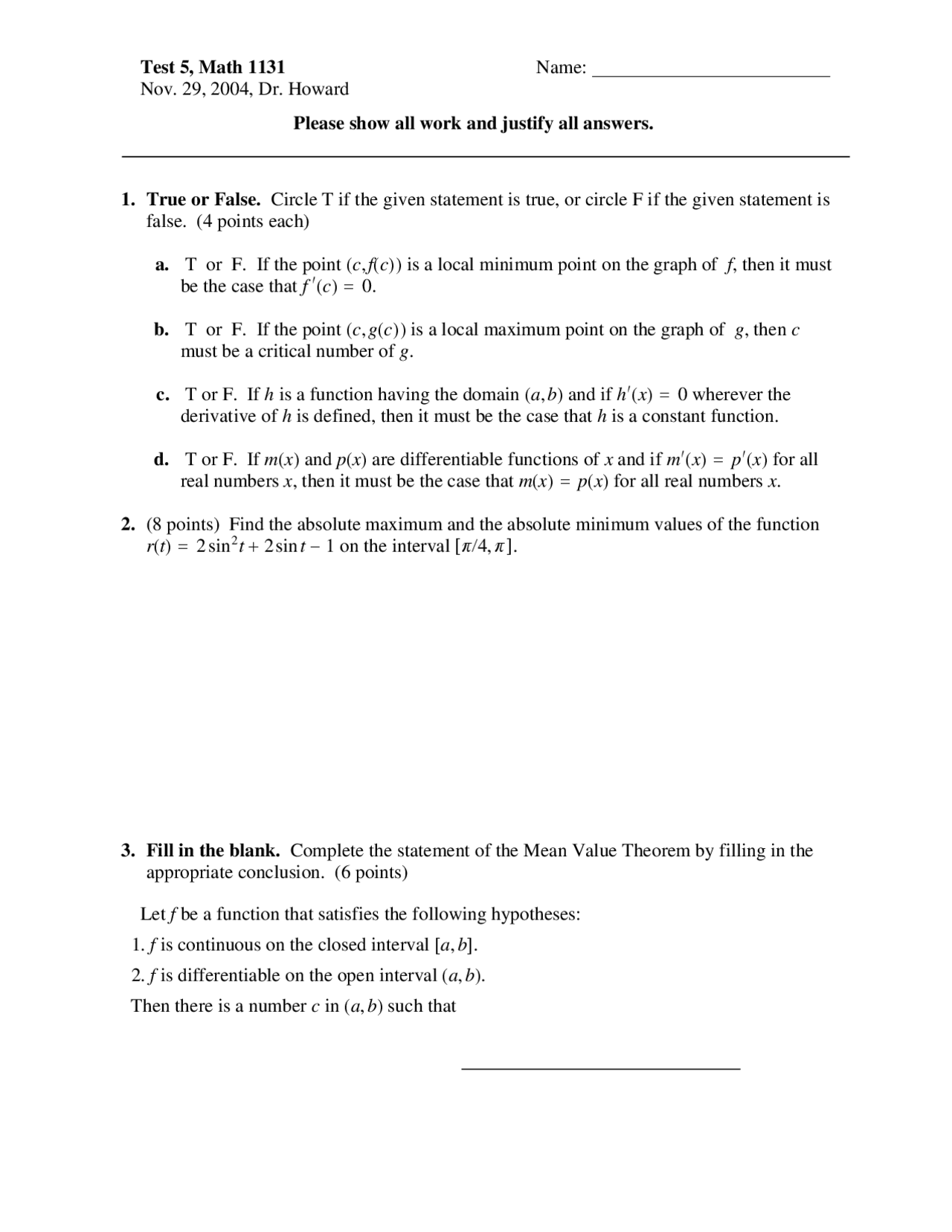 Calculus with Analytic Geometry 1 - Exam 5 | MATH 1131 - Docsity