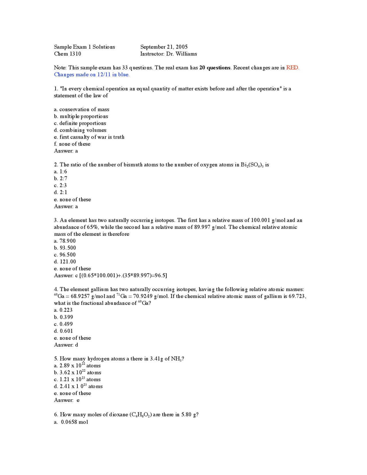 General Chemistry - Sample Exam 1 Solutions | CHEM 1310 - Docsity