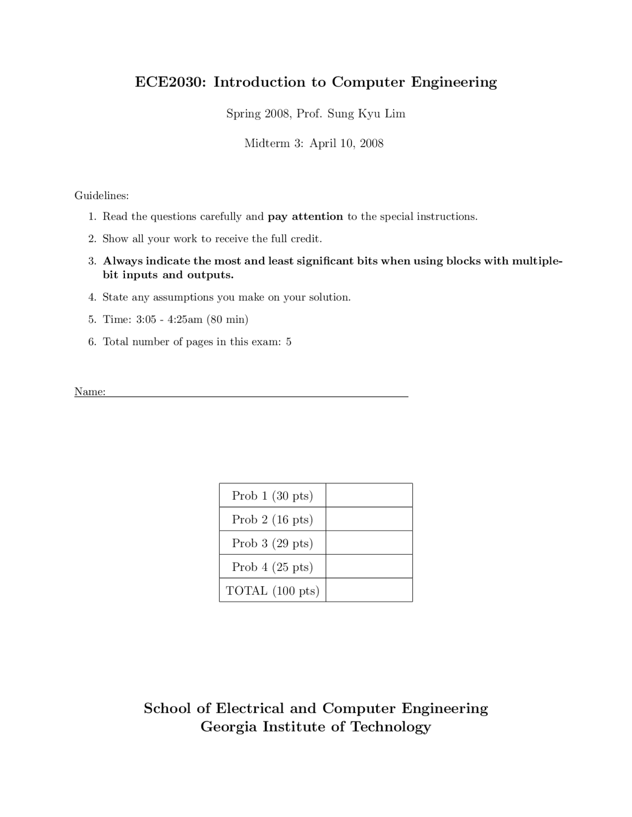 Midterm Exam 3 Introduction To Computer Engineering Ece 2030 Exams Electrical And Midterm Exam 3 Introduction To Computer Engineering Ece 2030 Exams Electrical And