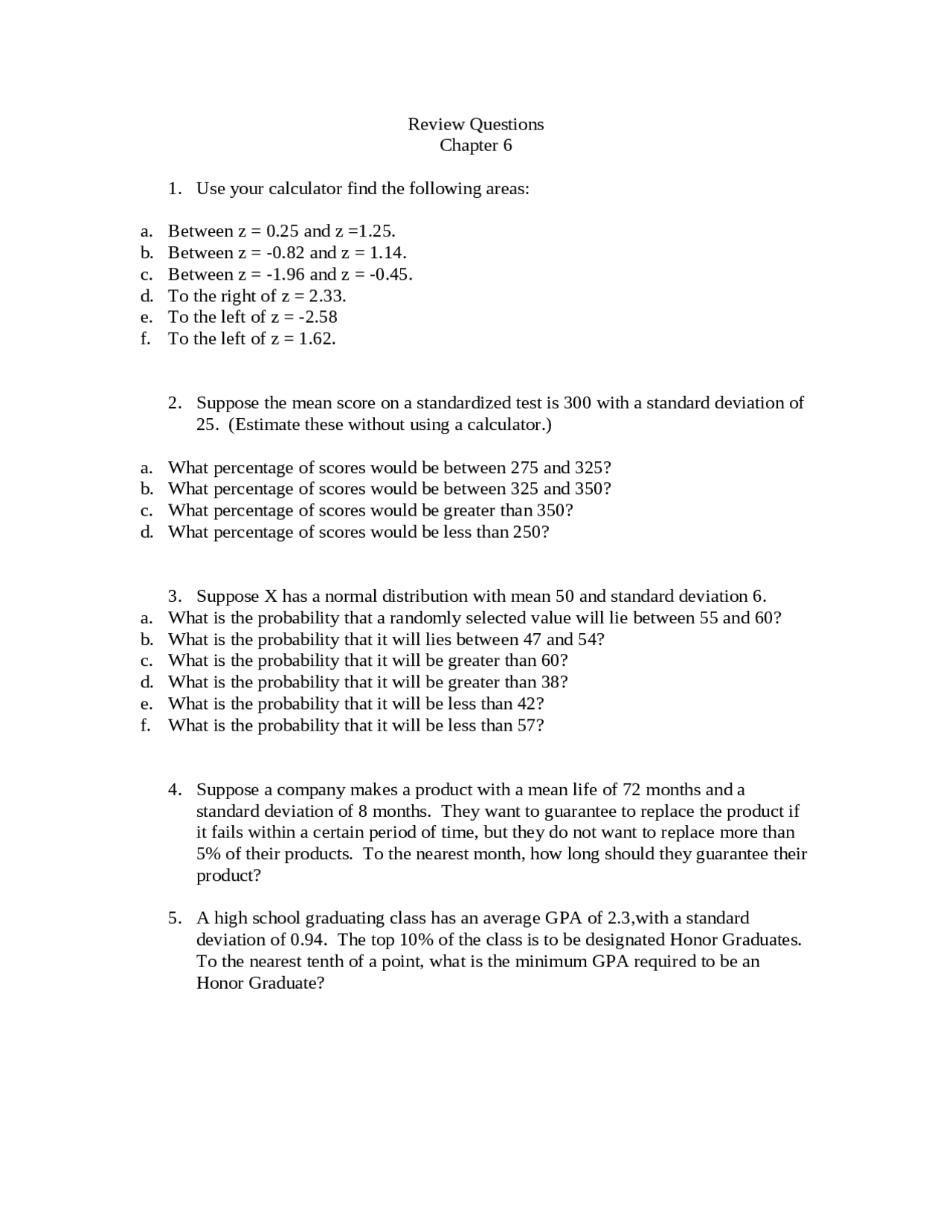 Review Questions for Introduction to Statistics | MATH 1121 - Docsity