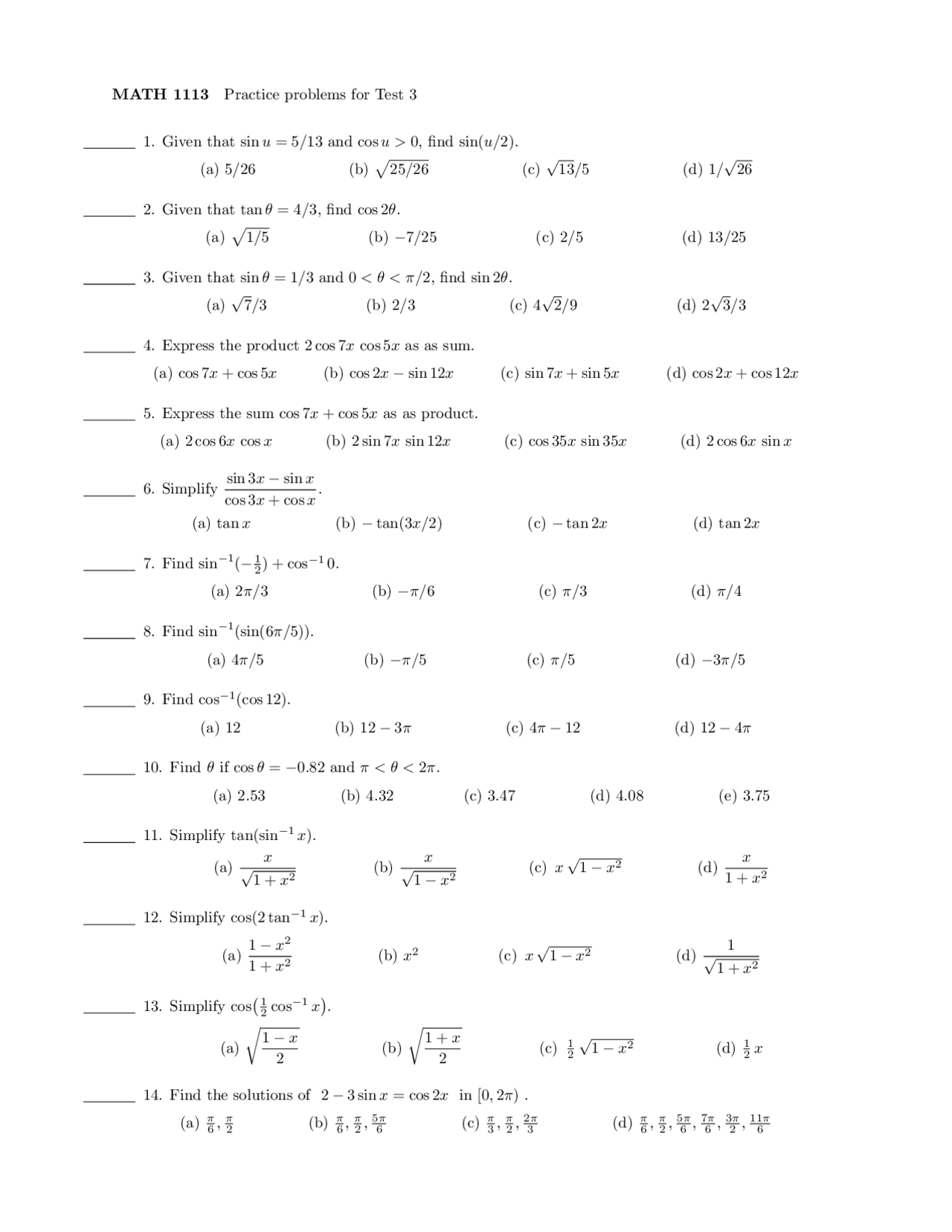 Pre Calculus Math 1113 Module 1 Problem Examples 14 Problems on Pre-Calculus Mathematics - Examination 3 | MATH 1113 ...