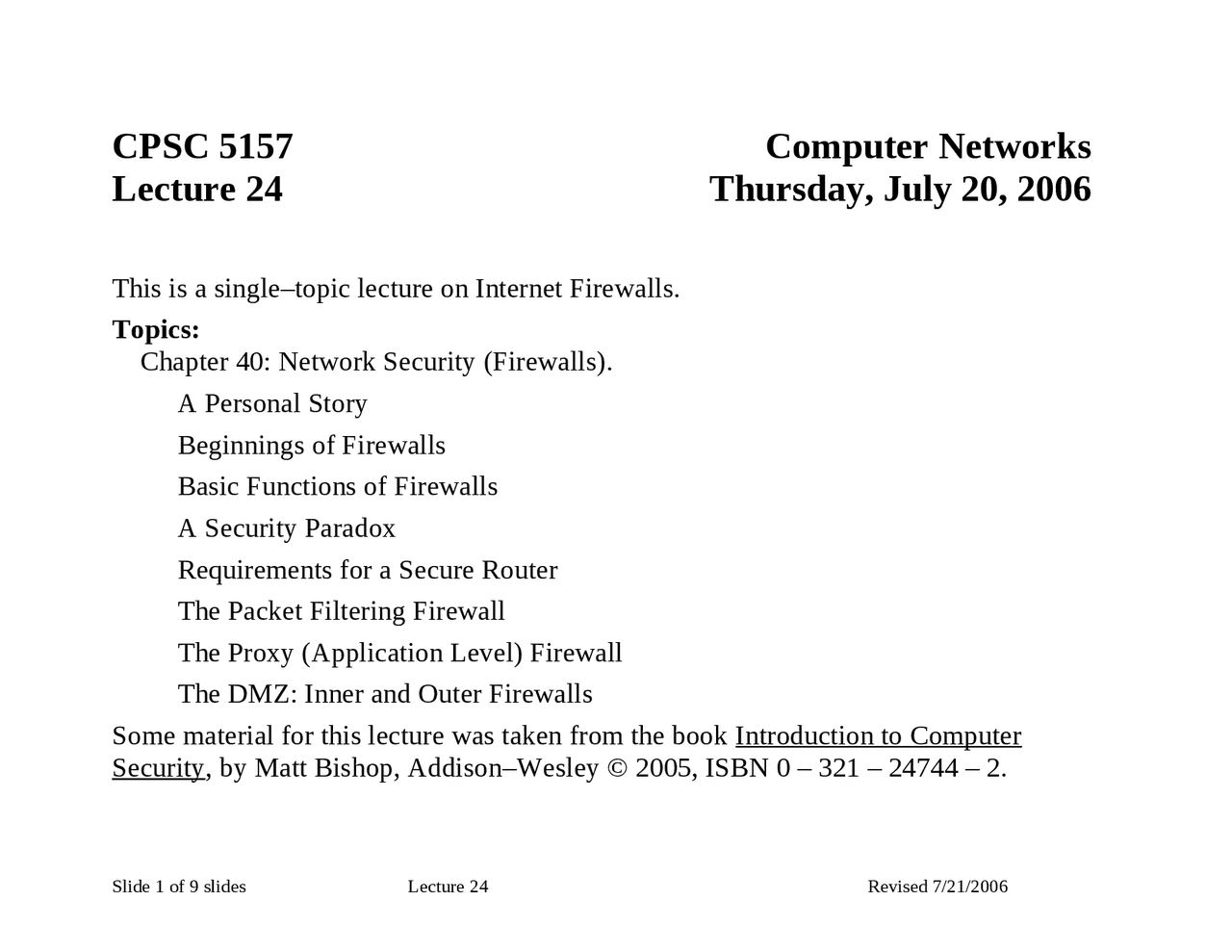 Notes on Network Security Firewalls - Computer Networks | CPSC 5157G ...