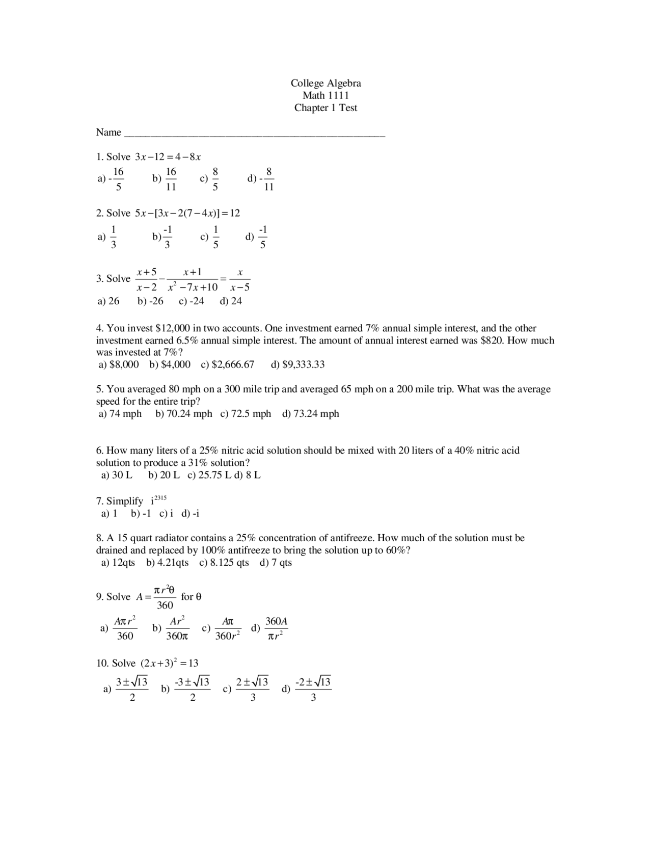 20 Questions for Test 1 - College Algebra | MATH 1111 - Docsity