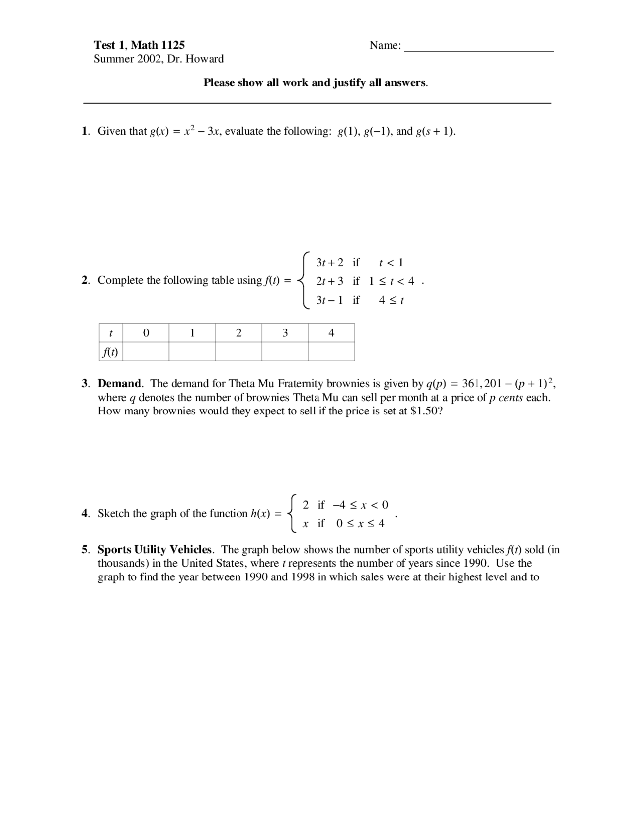 10 Questions On Applied Calculus Old Exam 1 Math 1125 Docsity