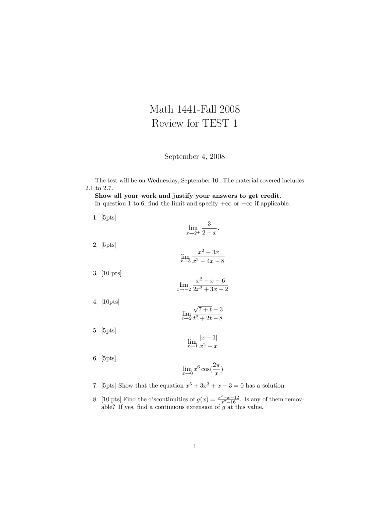 Review for Past Test 1 - Calculus I | MATH 1441 - Docsity