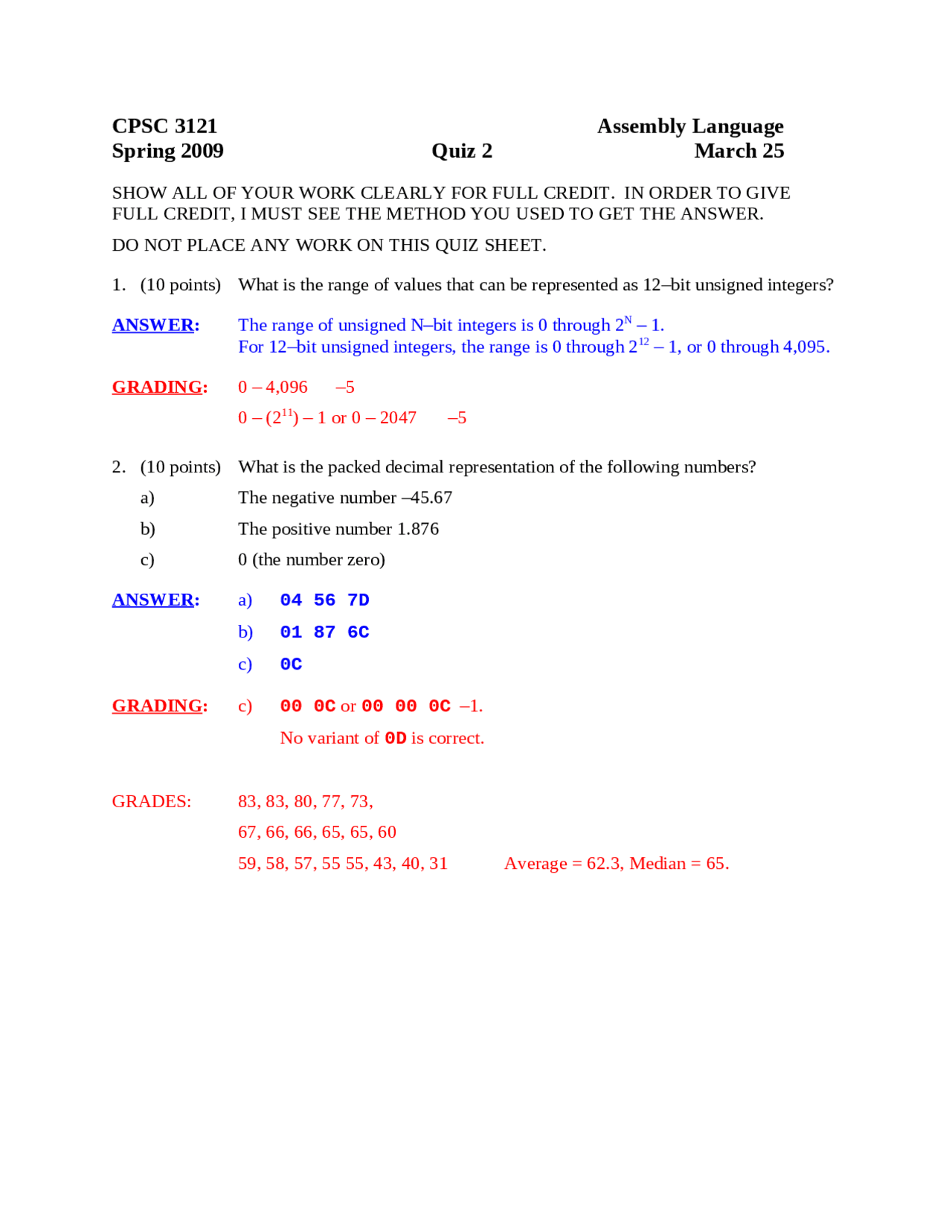 Assembly Code Question Test Quiz 2 with Solutions for Assembly Language Programming 1 | CPSC 3121 ...