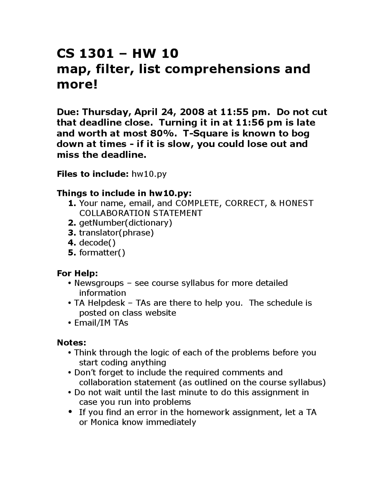 Homework 10 Map, Filter, List Comprehensions and Ore | CS 1301 - Docsity