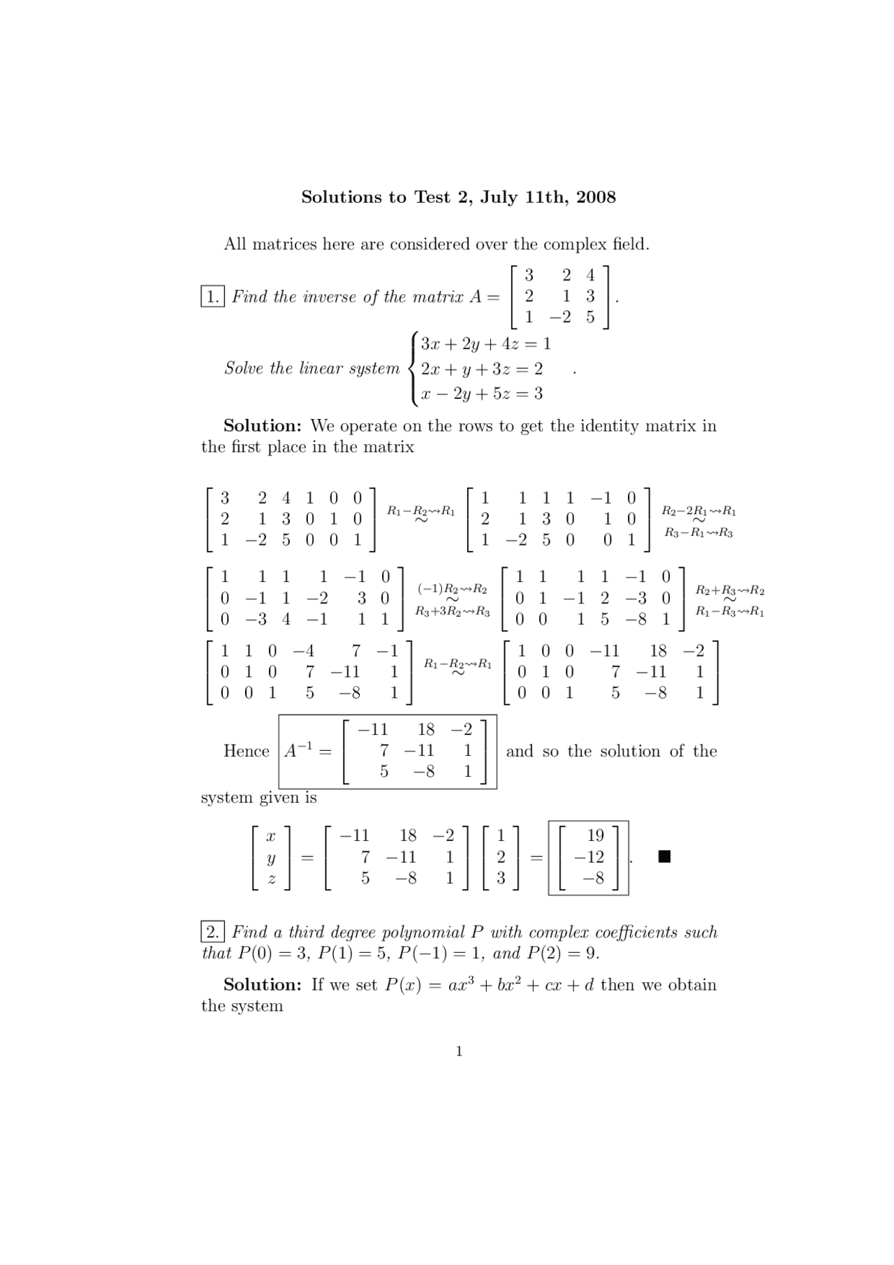 Solutions for Exam 2 - Introduction to Linear Algebra | MATH 2115 - Docsity
