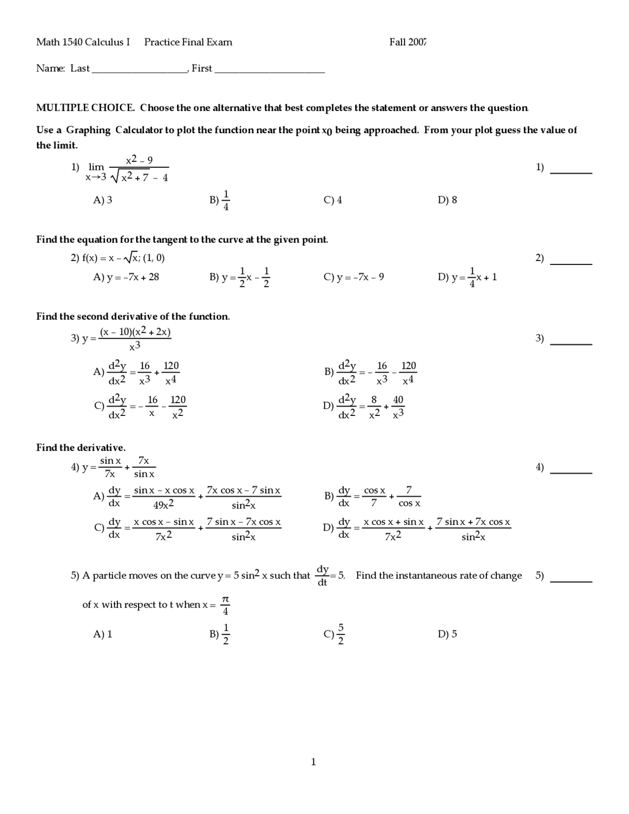 Calculus I - Practice Final Exam with Answer Key | MATH 1540 - Docsity