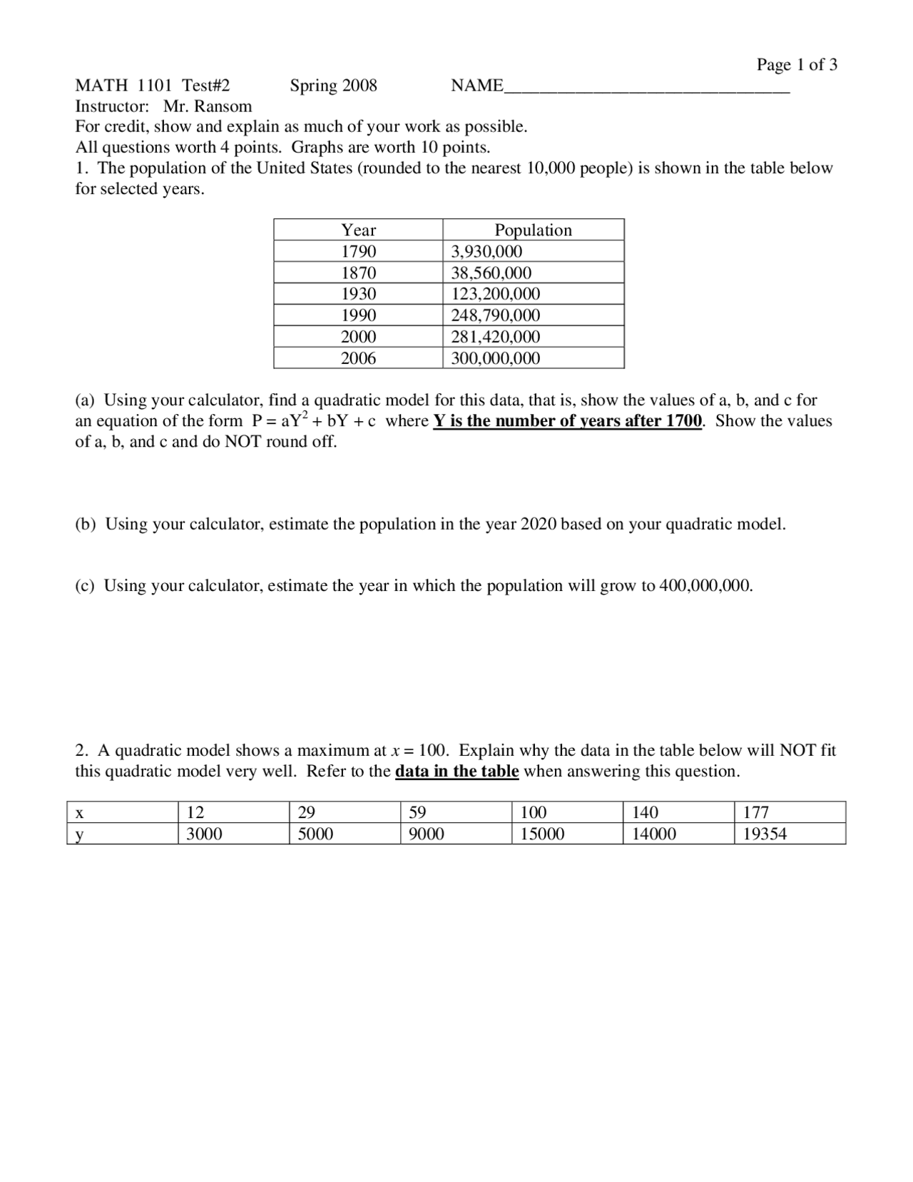 Introduction to Mathematical Modeling - Old Exam 2008 | MATH 1101 - Docsity