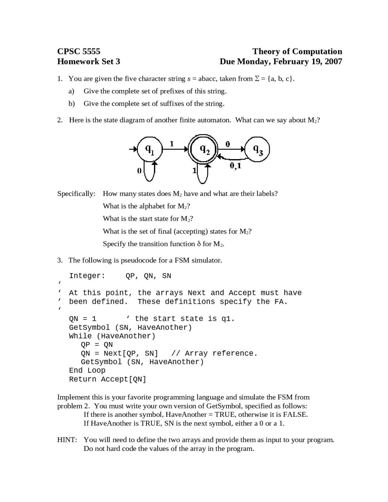 3 Problems on Theory of Computation - Problem Set 3 | CPSC 5555U - Docsity
