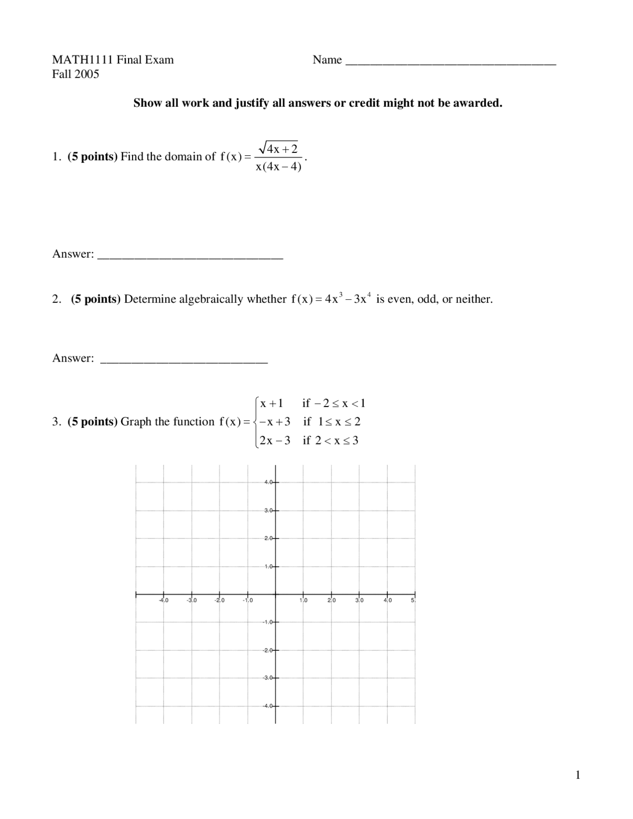 19 Questions for Final Exam - College Algebra | MATH 1111 - Docsity