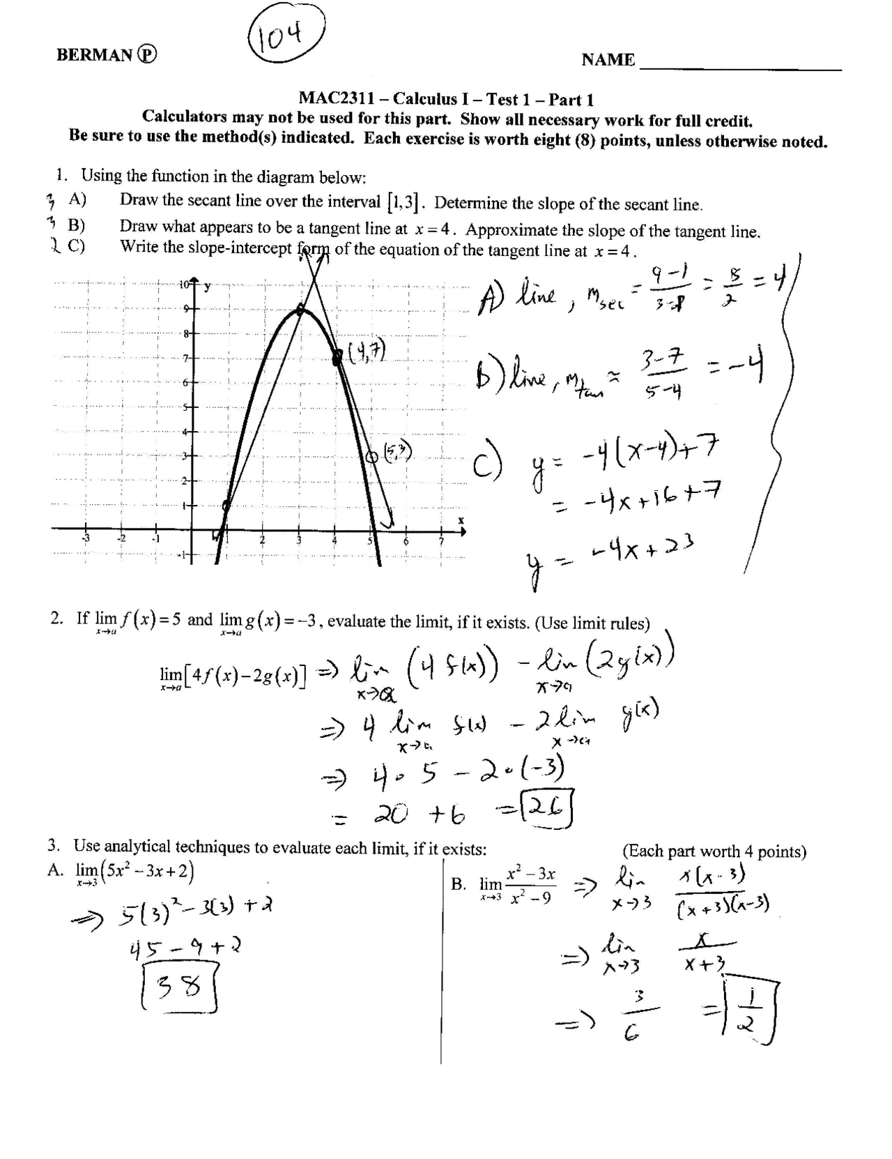Manual Solution for Exam 1 - Calculus / Analytic Geometry I | MAC 2311 ...