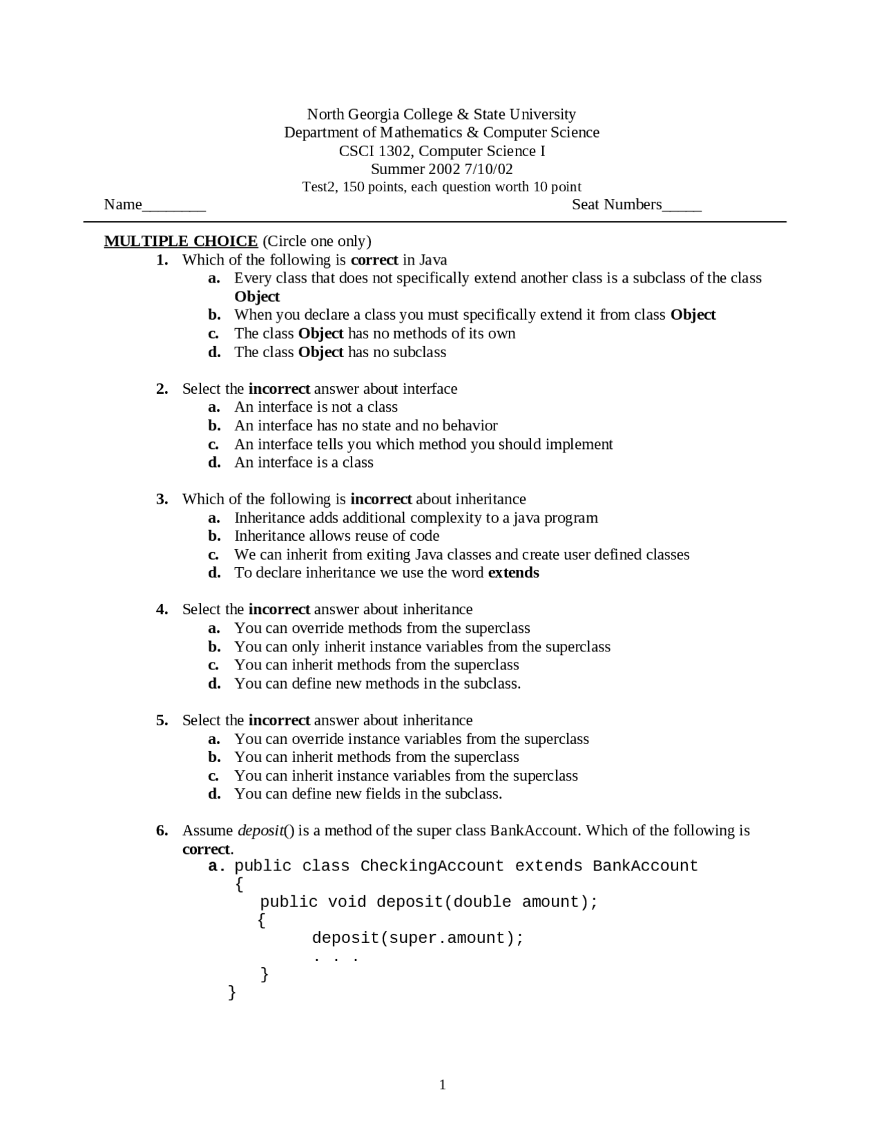 Test 2 Questions - Computer Science II | CSCI 1302 - Docsity