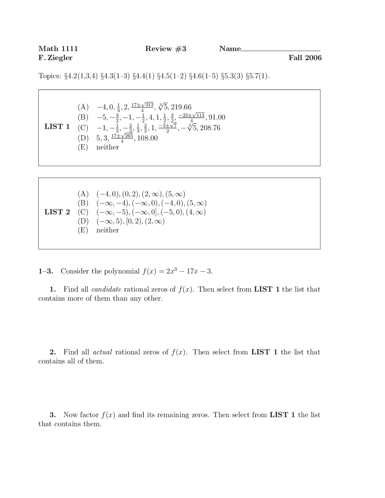 Exam 3 Review Sheet - College Algebra Hybrid | MATH 1111 - Docsity