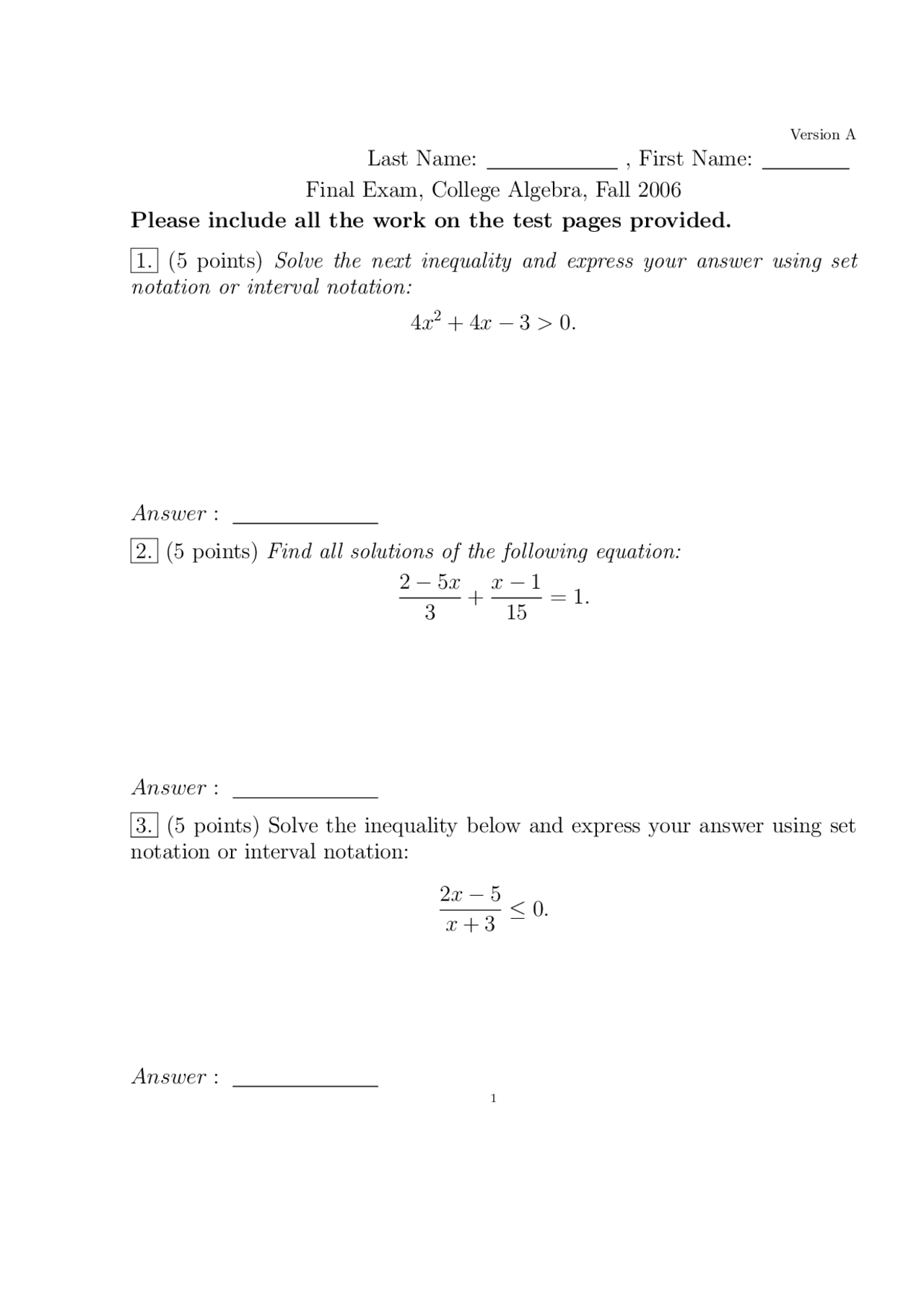 College Algebra - Final Exam Review | MATH 1111 - Docsity