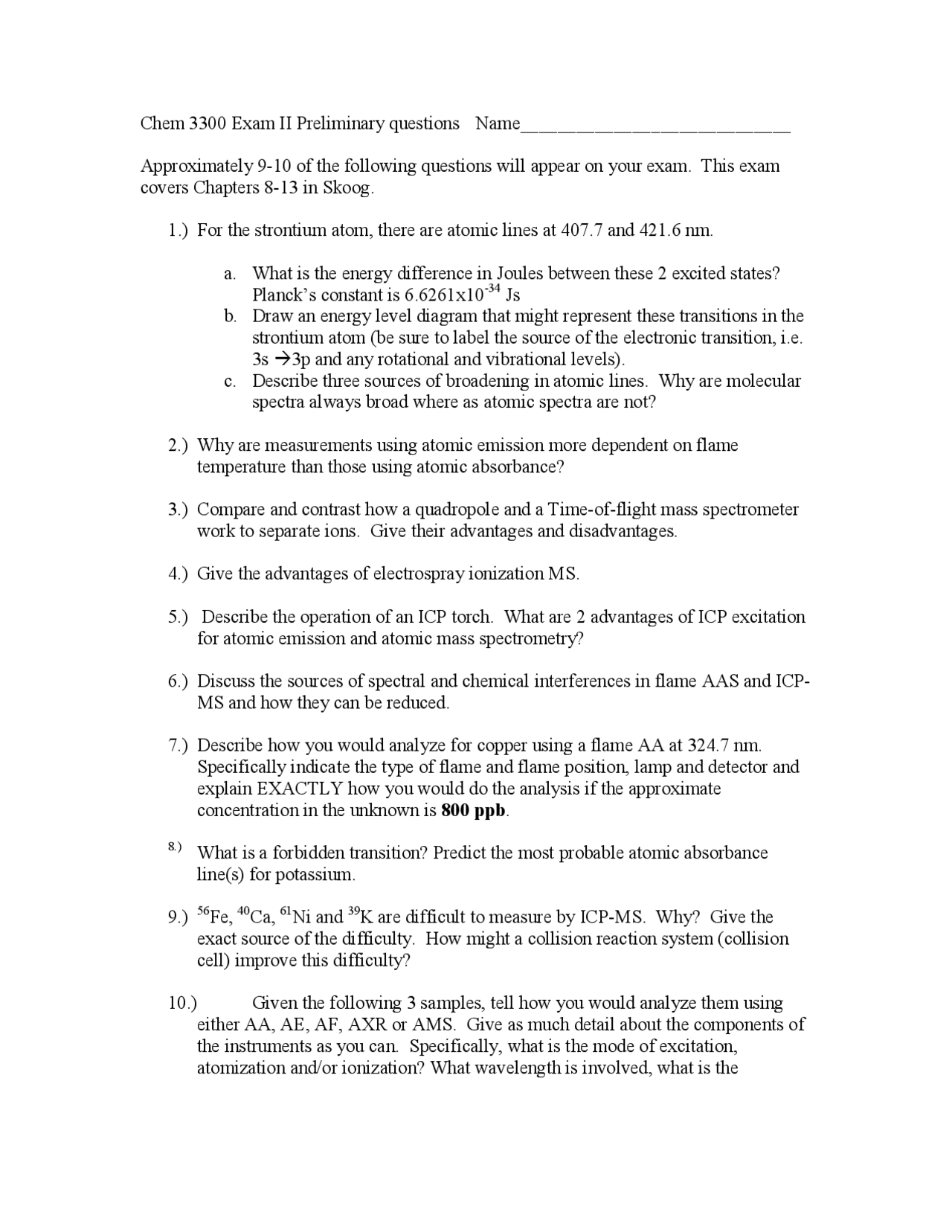 Instrumental Analysis Exam Questions CHEM 3300 Docsity