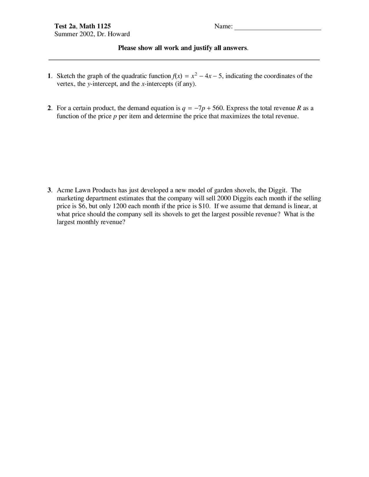 Test 2A for Applied Calculus - Practice Problems | MATH 1125 - Docsity
