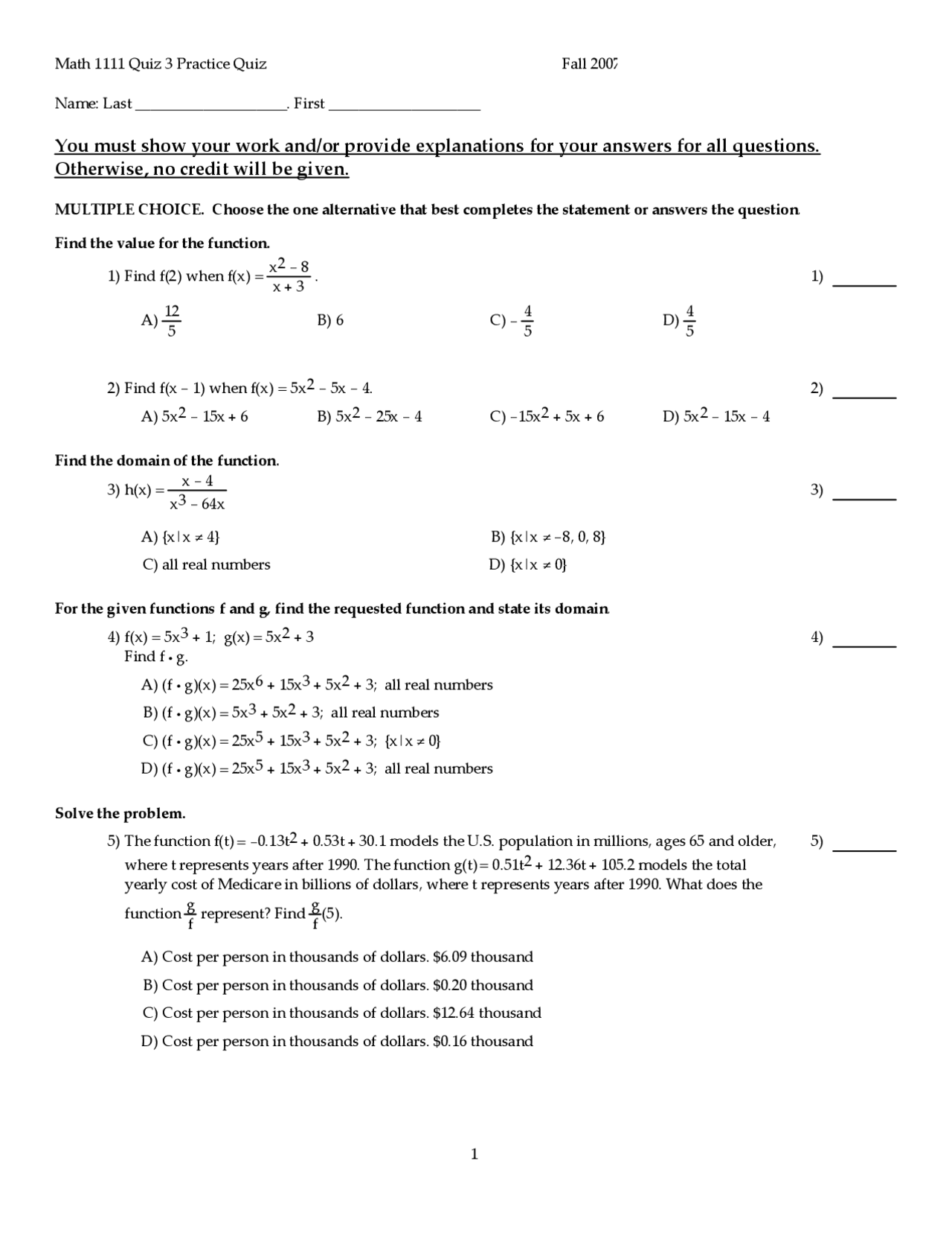Quiz Three Practice Questions - College Algebra | MATH 1111 - Docsity