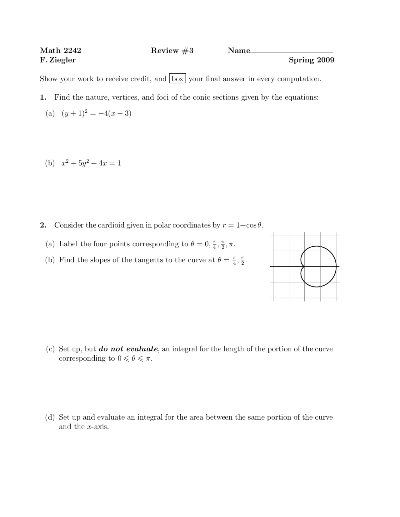 Review Assignment 3 Practice Problems on Calculus II | MATH 2242 - Docsity