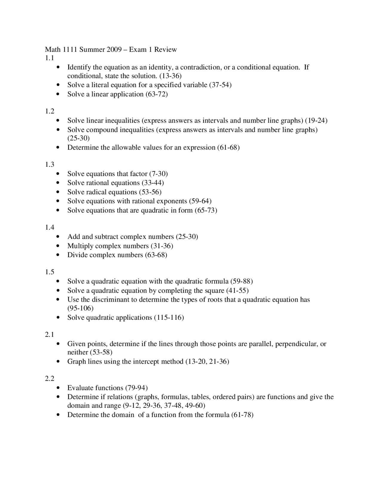 College Math 1111 Exam 1 Review - College Algebra | MATH 1111 - Docsity