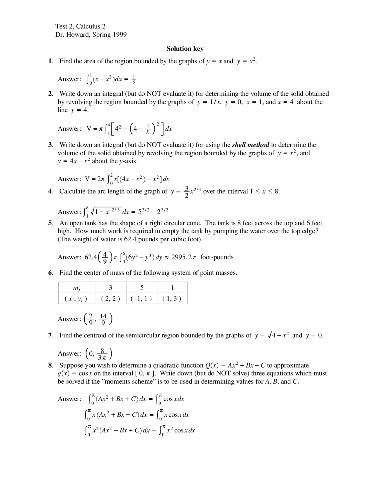 Solution Key for Exam 2 - Calculus with Analytic Geometry 2 | MATH 1132 ...