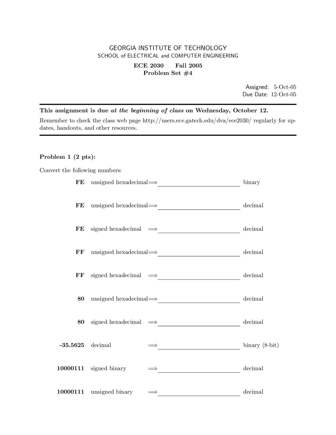 Introduction to Computer Engineering - Problem Set 4 | ECE 2030 - Docsity