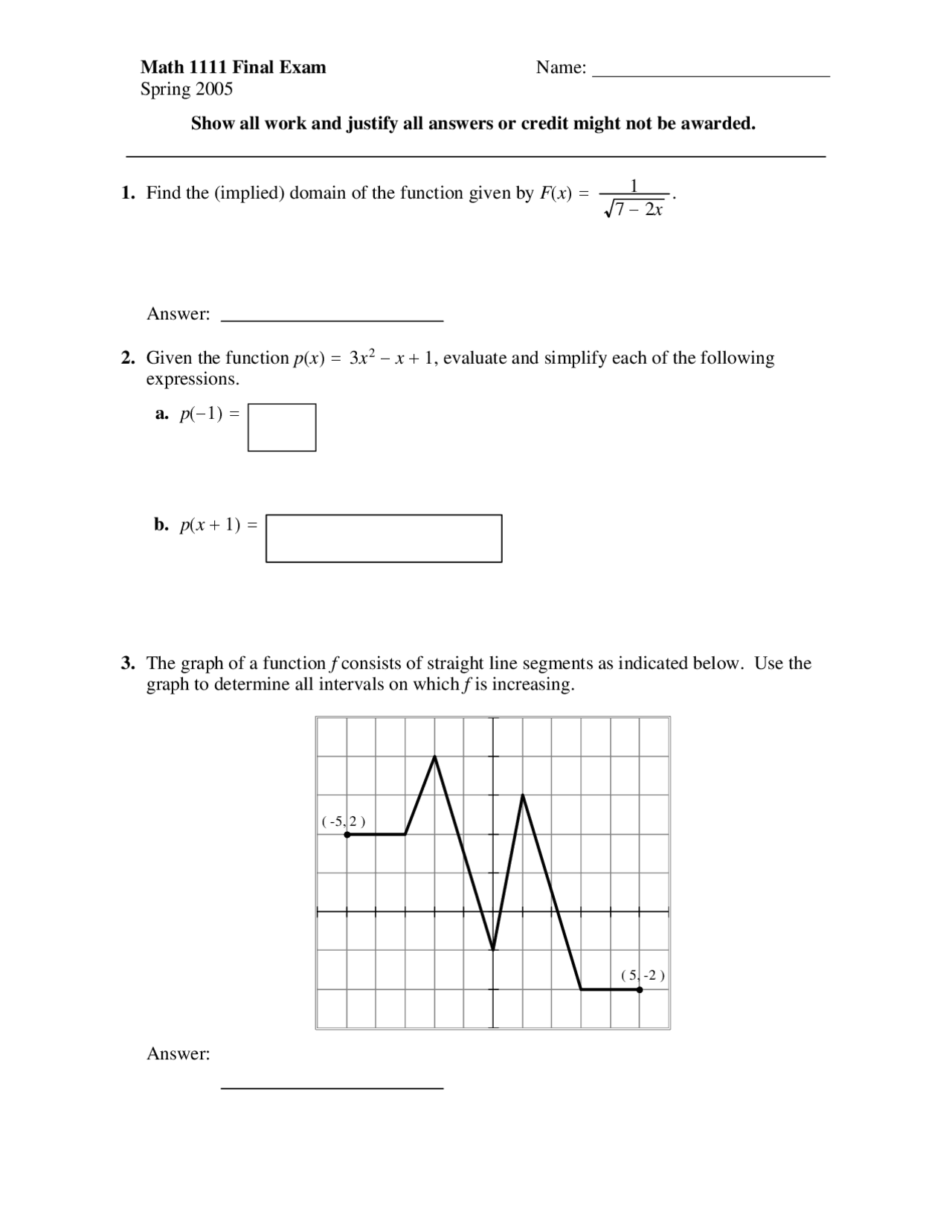 20 Questions for Final Examination - College Algebra | MATH 1111 - Docsity