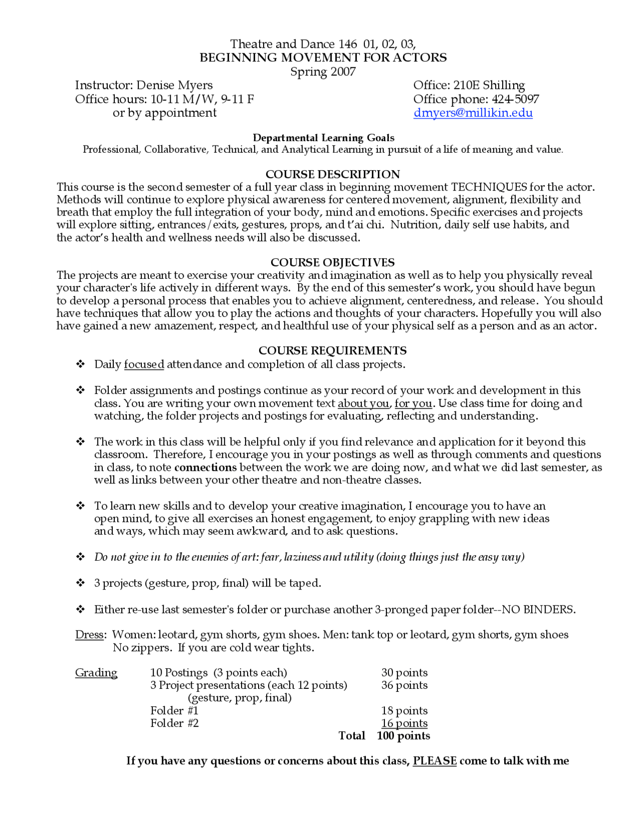 Syllabus for Beginning Movement Actors II | TH 146 - Docsity