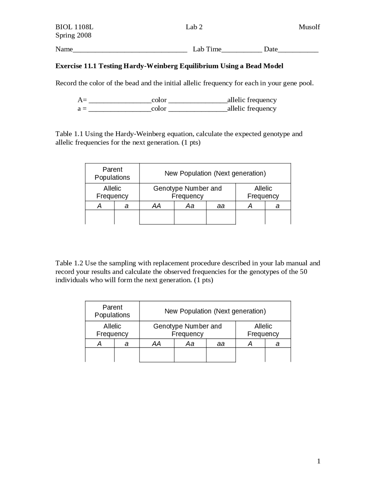 Lab 2 - Testing Hardy Weinberg Equilibrium Using a Bead Model | BIOL ...