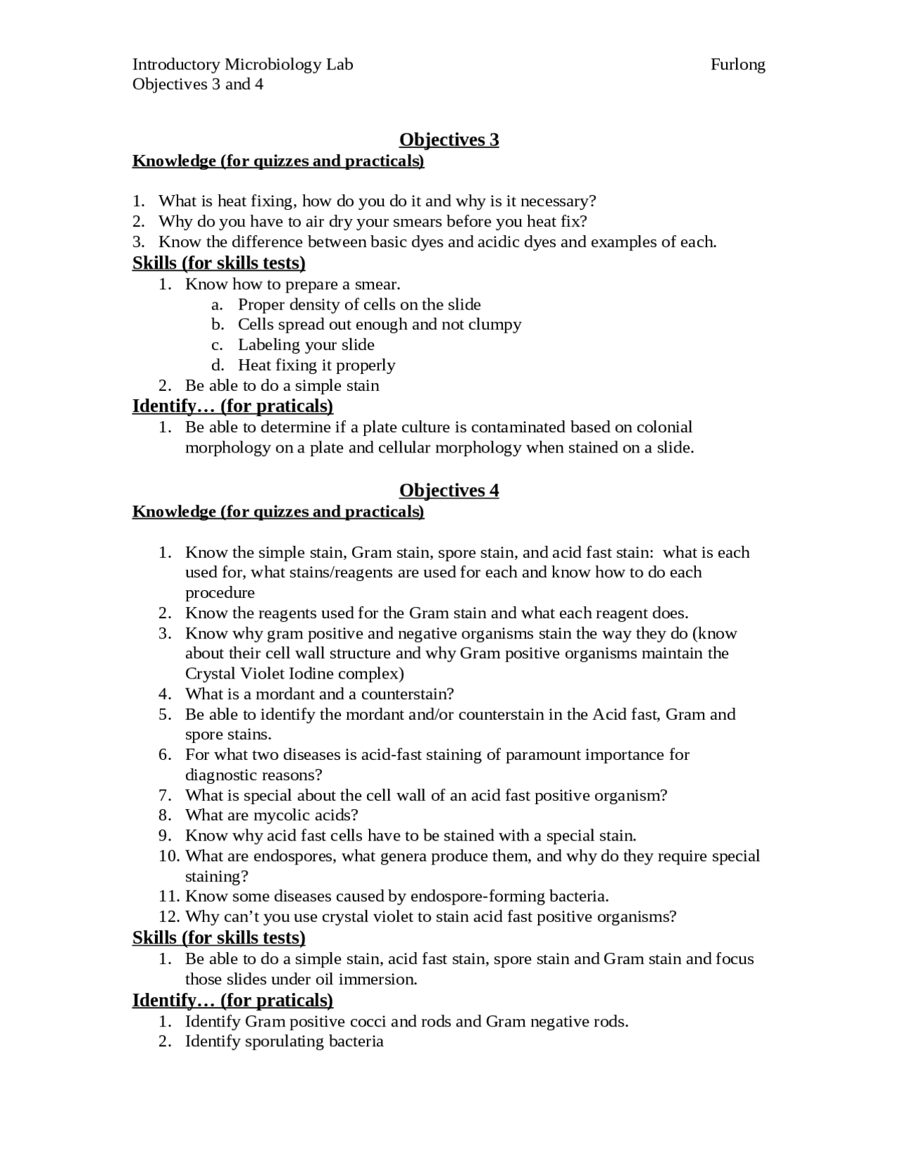 Objectives 3 - Introductory Microbiology Lab | BIOL 3250 - Docsity