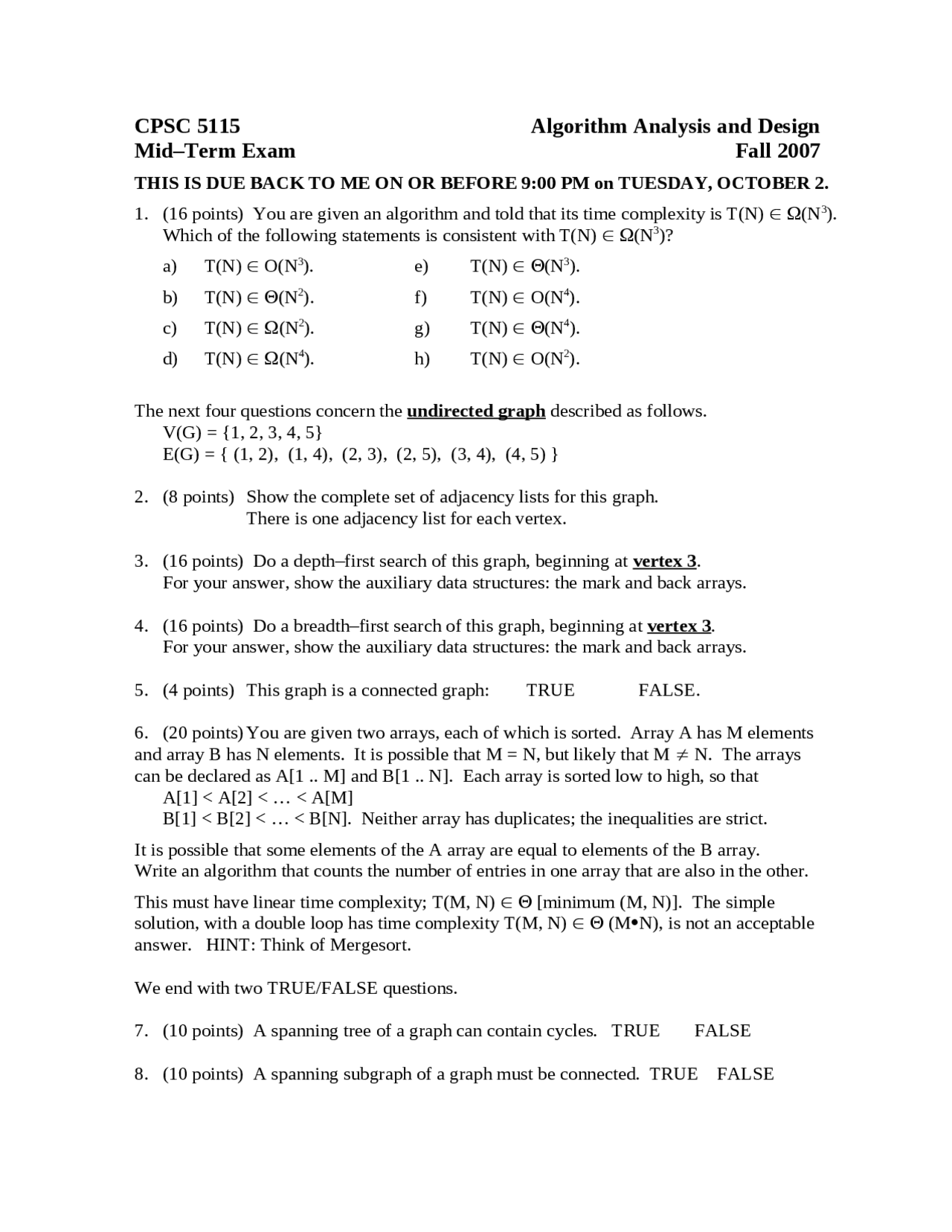 Midterm Exam | Algorithm Analysis and Design | CPSC 5155U - Docsity