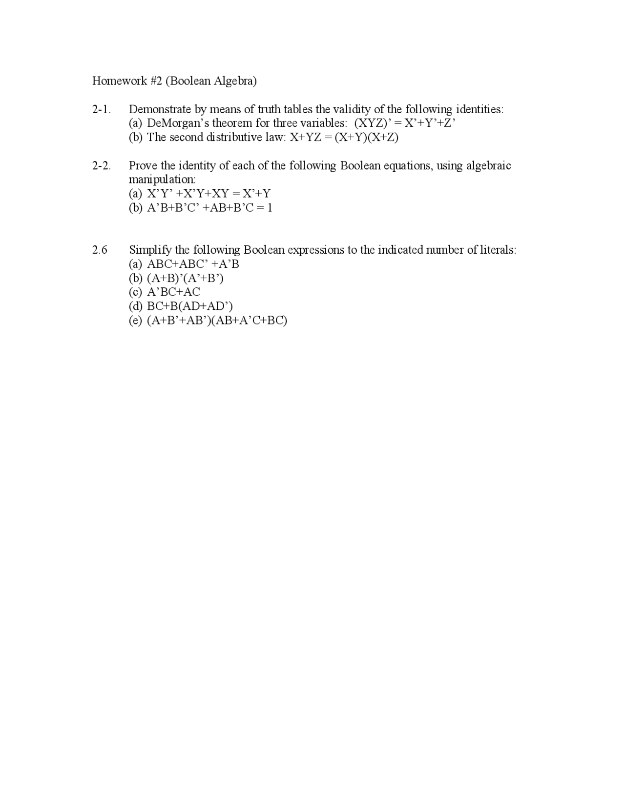 Homework 2 on Boolean Algebra - Introduction to Computer Engineer | ECE ...