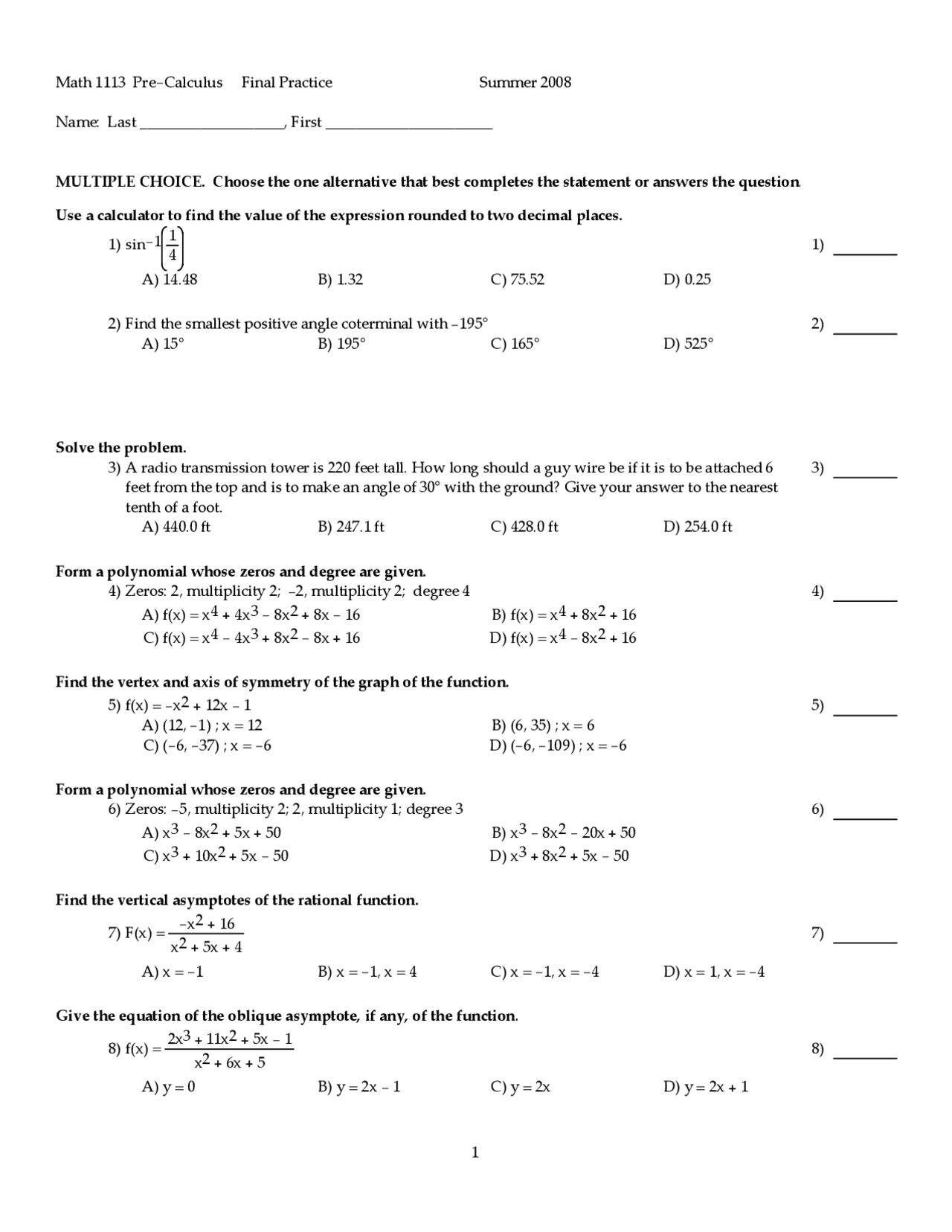 35 Multiple Choice Questions of Pre-Calculus - Final Exam | MATH 1113 ...