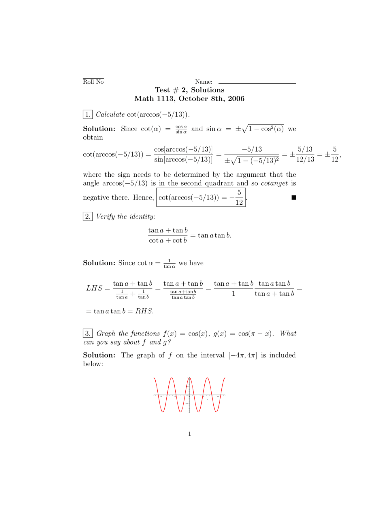 Pre Calculus Math 1113 Module 1 Problem Examples Test 2 with Solutions for Precalculus | MATH 1113 | Exámenes Pre ...