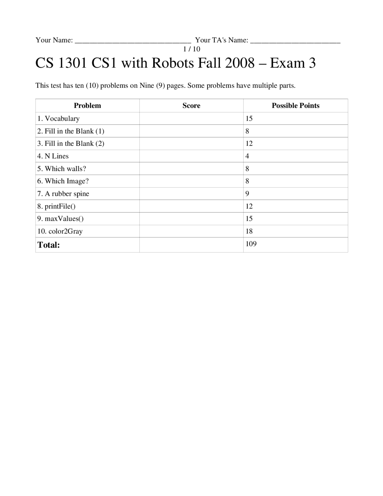 Solutions for Exam 3 - Introduction to Computing | CS 1301 - Docsity