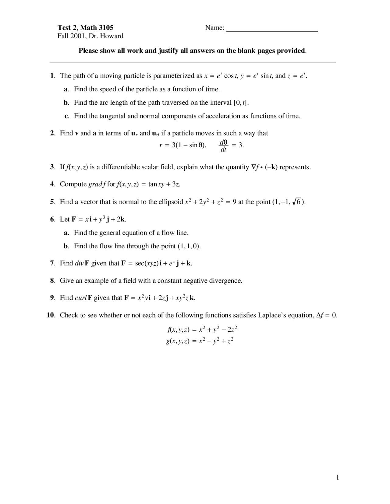 Vector Analysis - Exam 2 Questions | MATH 3105 - Docsity