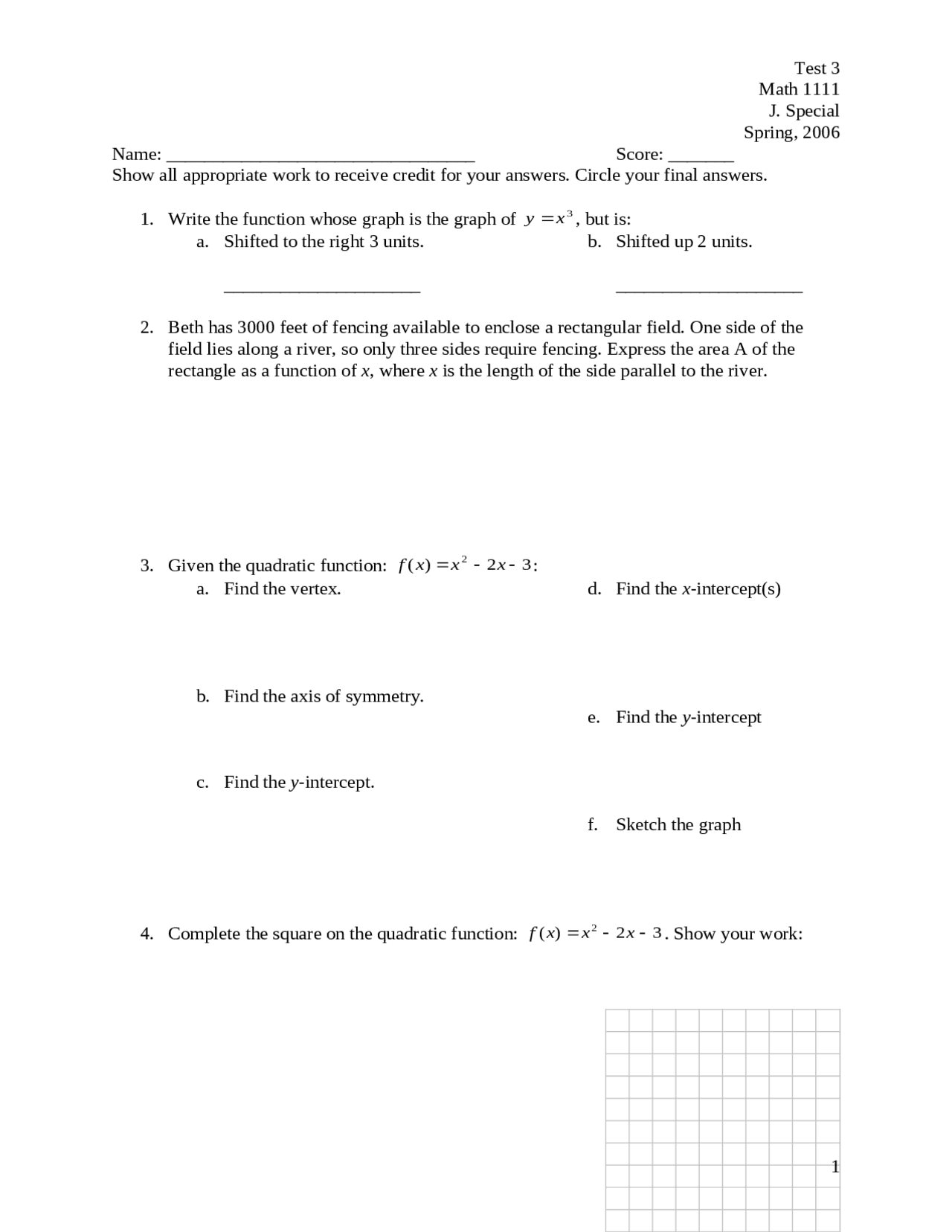 8 Questions for College Algebra - Past Test 3 | MATH 1111 - Docsity