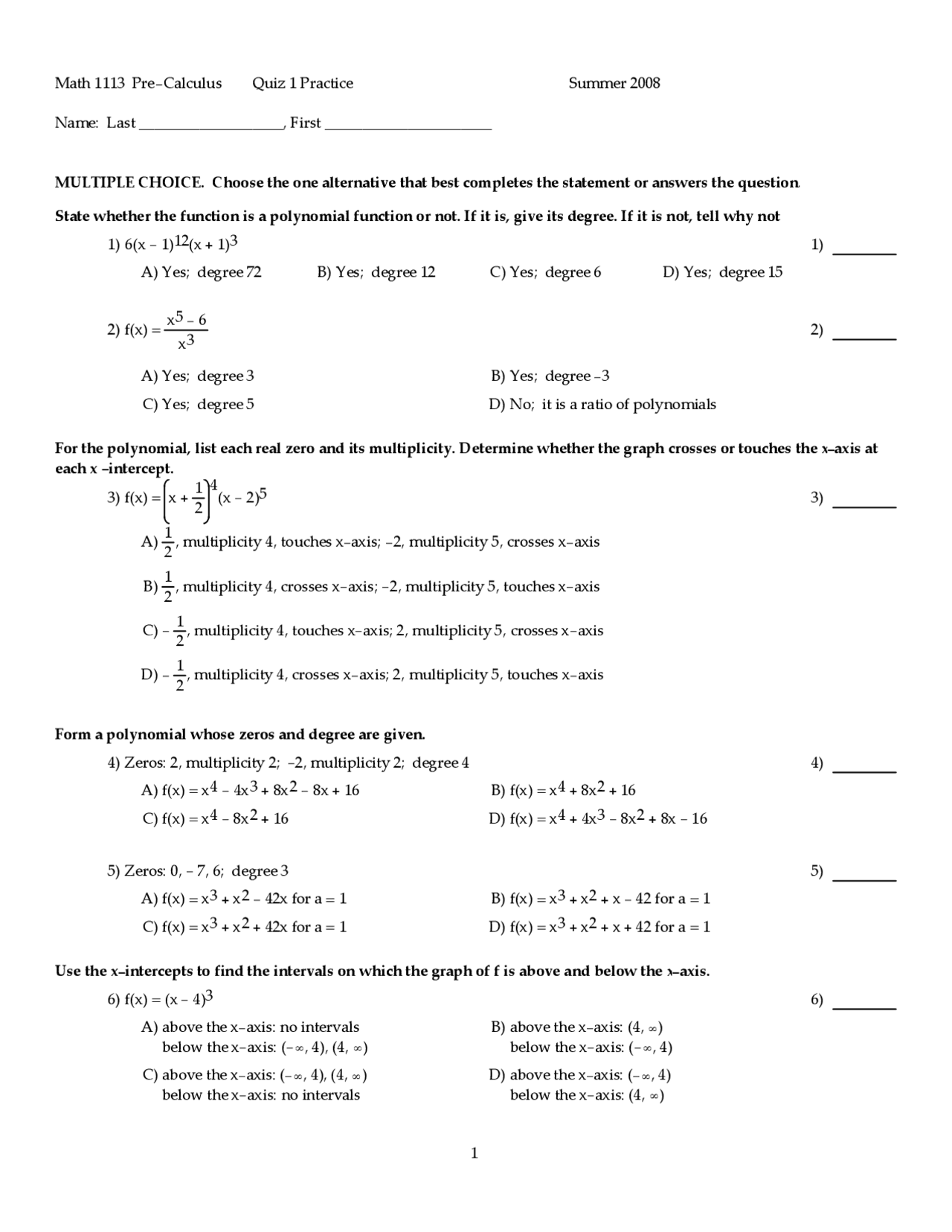 28 MCQs on Precalculus with Answers - Quiz 1 | MATH 1113 | Quizzes Pre ...