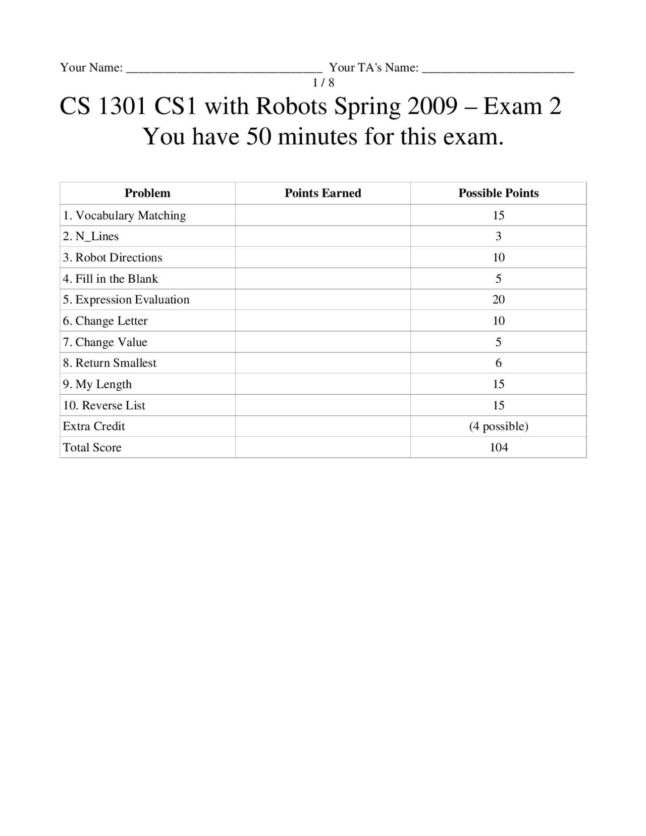 Exam - 6 problems - Introduction to Computing | CS 1301 - Docsity