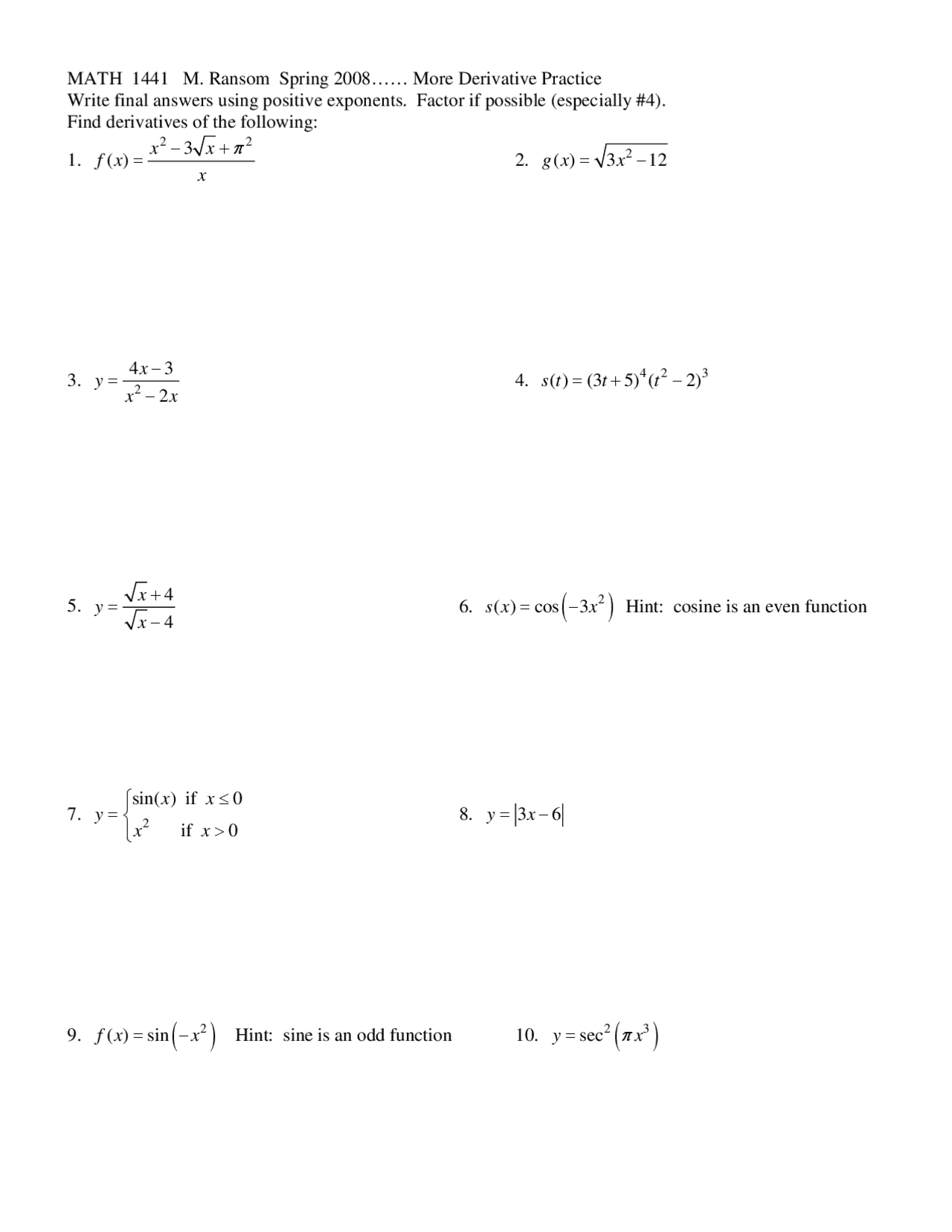 Calus Math Prombles 10 Practice Problems on Calculus I - Assignment 1 | MATH 1441 - Docsity