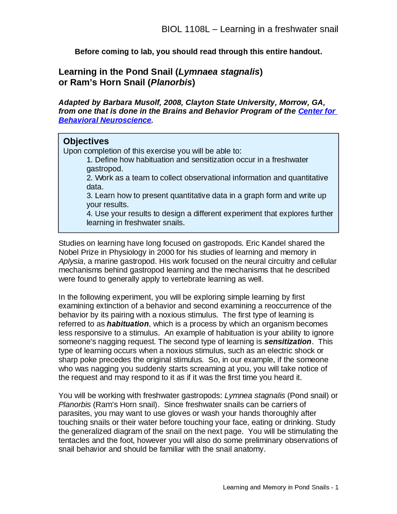 Learning in a Freshwater Snail - Laboratory | BIOL 1108 - Docsity