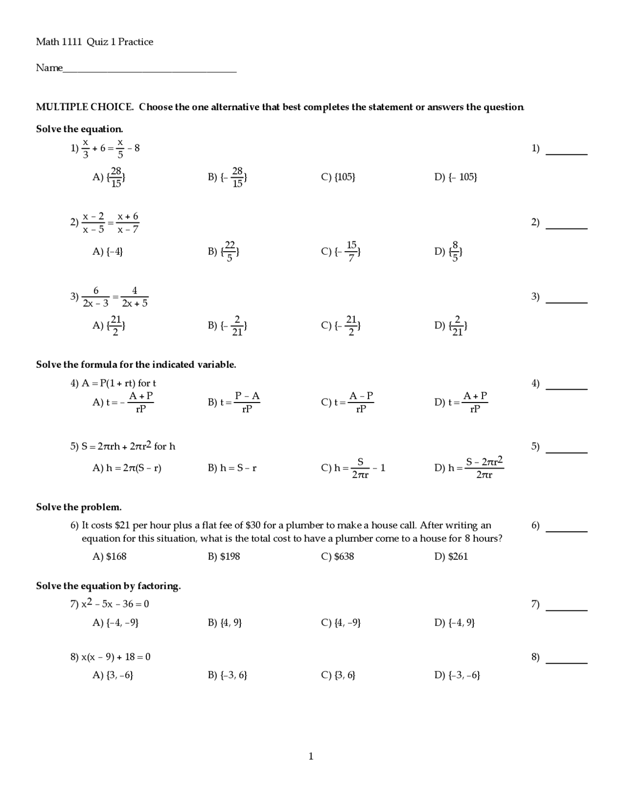 Quiz 1 Practice Questions on College Algebra | MATH 1111 - Docsity