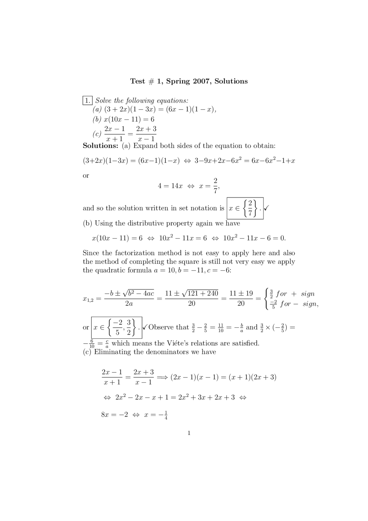College Math 1111 Old Test 1 with Solutions - College Algebra | MATH 1111 - Docsity