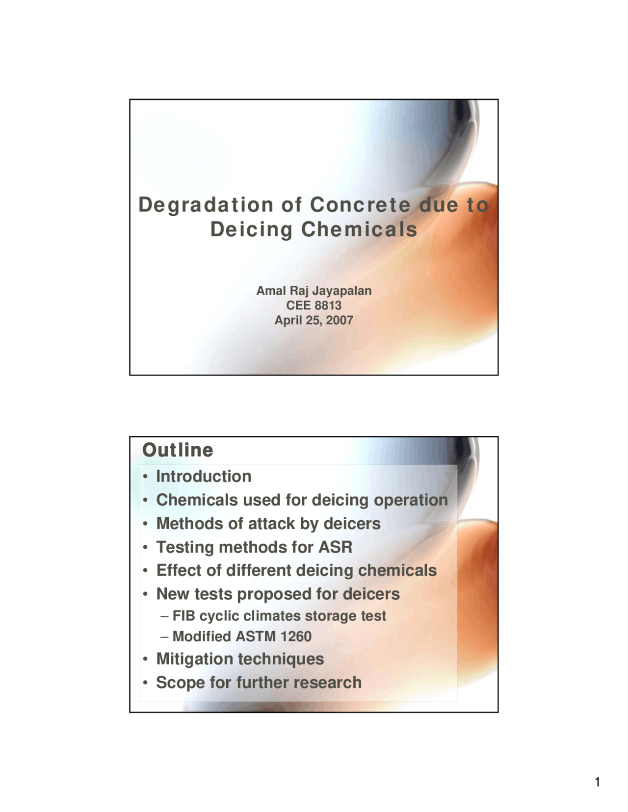 Lecture Slides on Degradation of Concrete Due to Deicing Chemicals