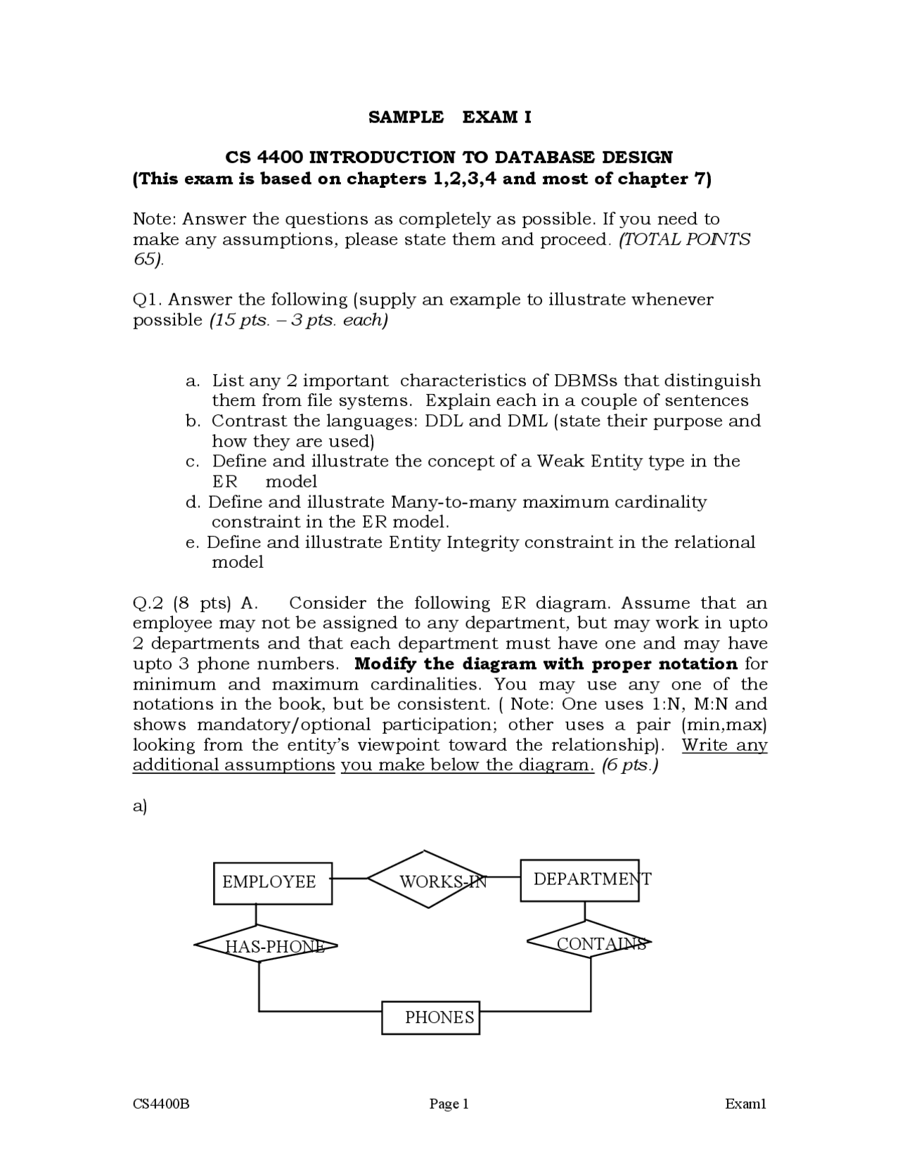 Introduction to Database Systems - Sample Exam 1 Questions | CS 4400 ...