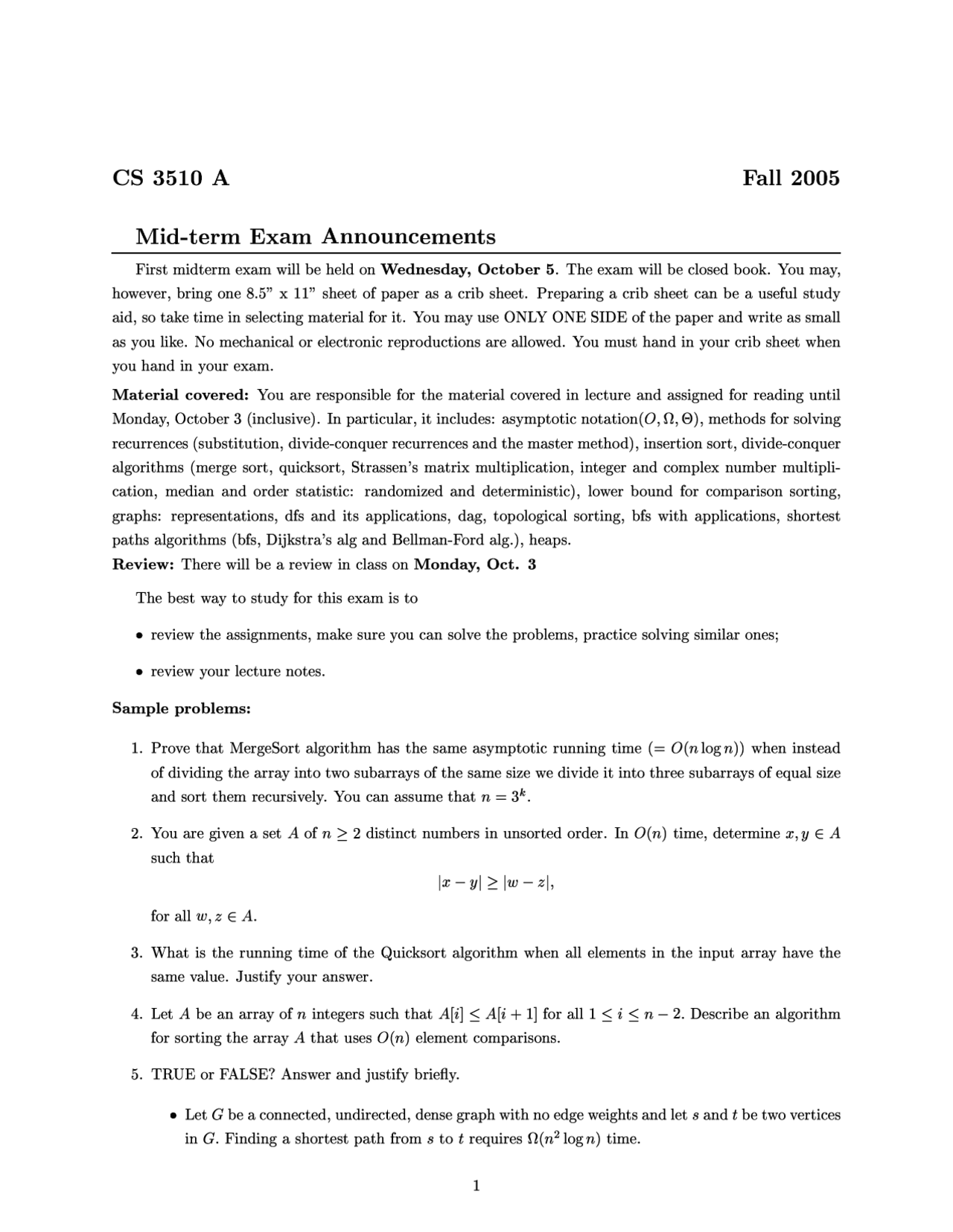 12 Problems On Design And Analysis Of Algorithms Midterm Exam Cs 3510 Docsity