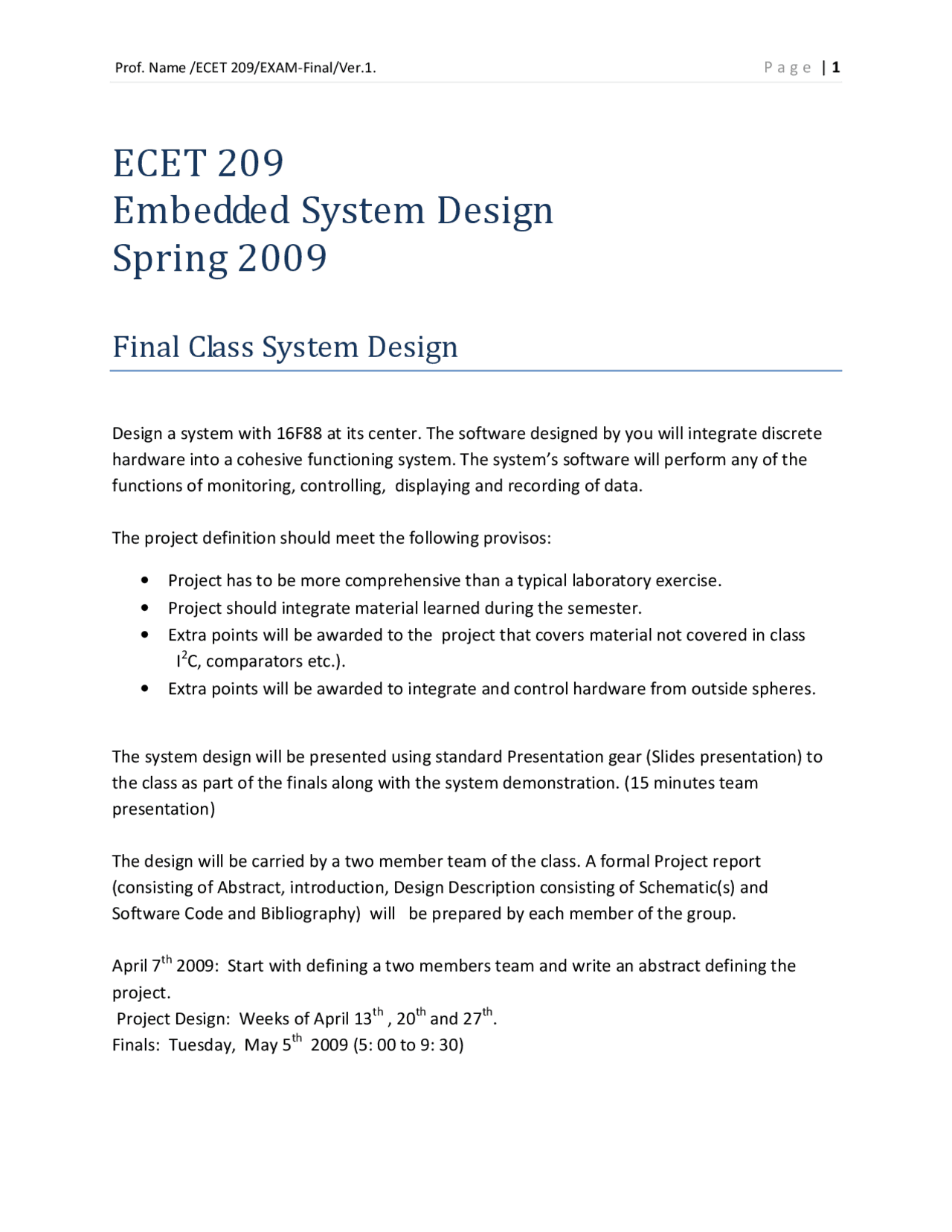 Embedded System Design Project in ECET 209 - Spring 2009 | Exams ...