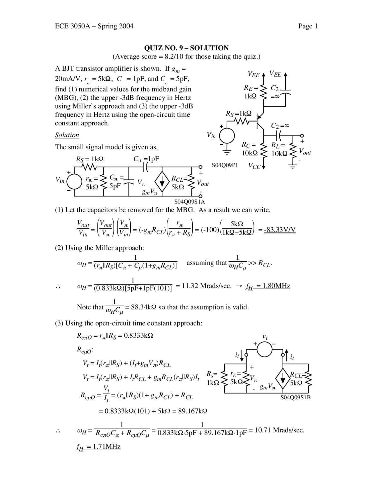 Analog Electronics - Resolution of Practice Quiz 9 | ECE 3050 - Docsity