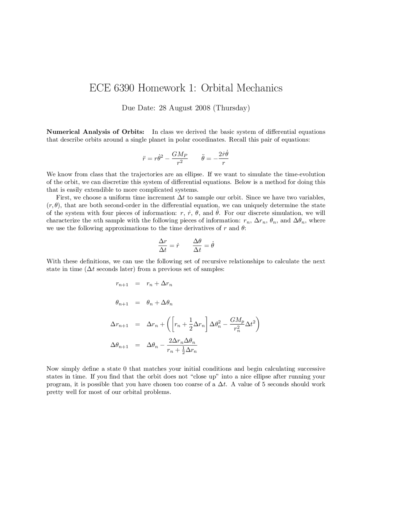 Numerical Analysis of Orbital Mechanics - Assignment 1 | ECE 6390 - Docsity